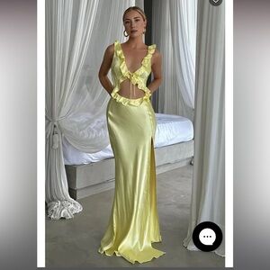 Brand new white fox yellow satin ruffled maxi dress
